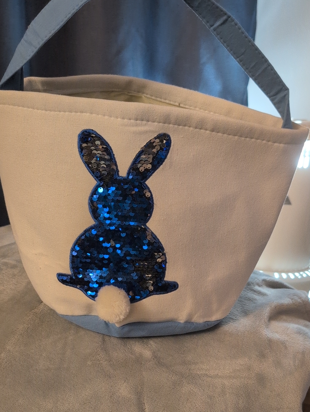 Kids Canvas Bunny Tote Bag with Blue Sequin Accent